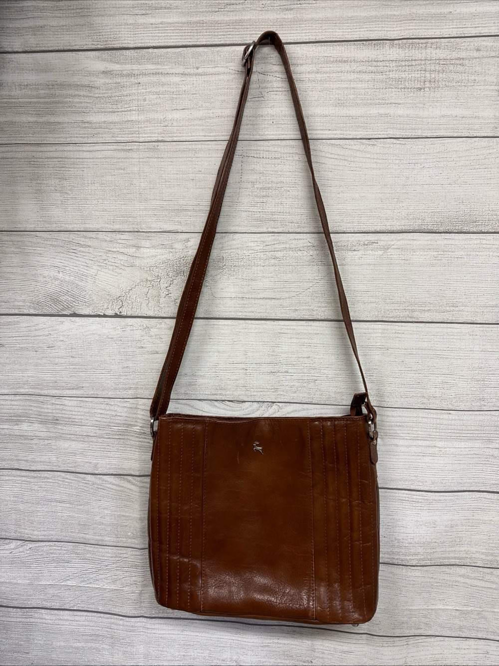 Ashwood Genuine Leather Crossbody Bag Cognac Brown Pintuck Stag Square Handbag